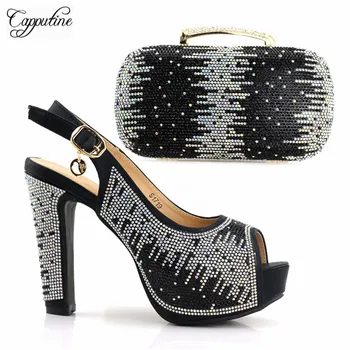 

Popular black high heel evening pump shoes and purse handbag sets with shinning stones S1719 ,heel height 12.5cm