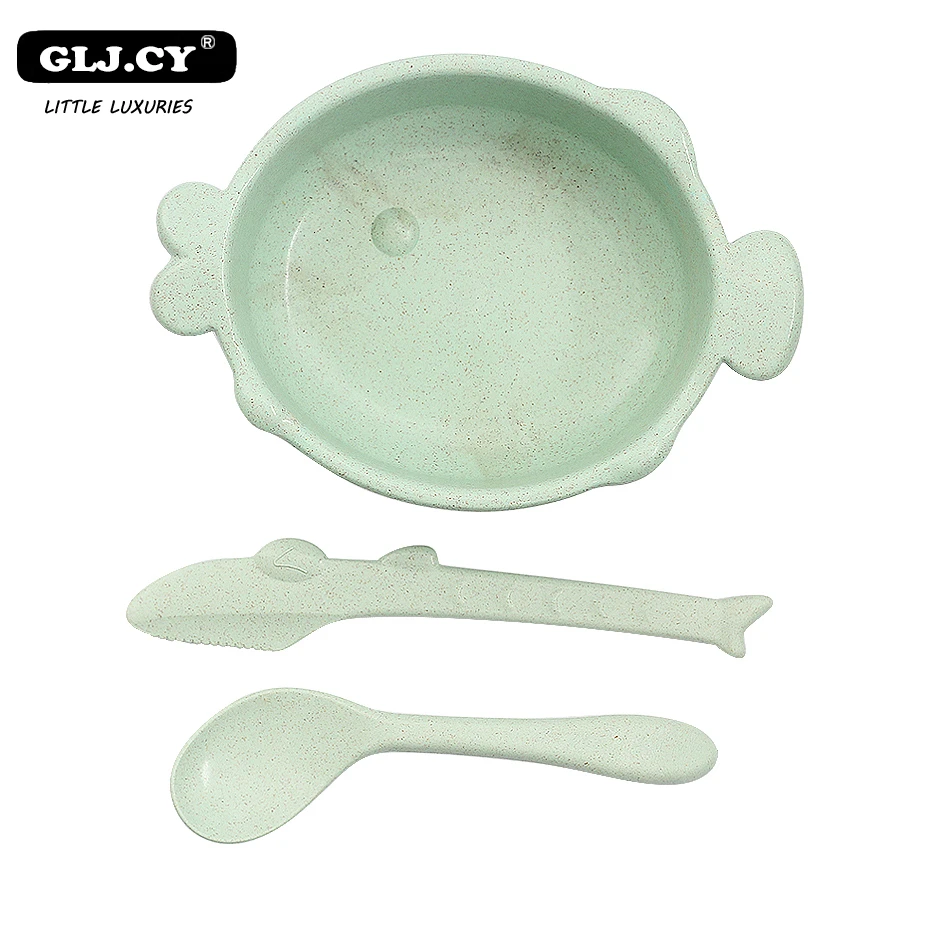 green Set 3 шт./компл. для детских бутылочек, Еда посуда фасон «рыбий рот» моделирования пшеничной соломы охраны окружающей среды для занятий спортом для детей посуда тарелка - Цвет: green Set