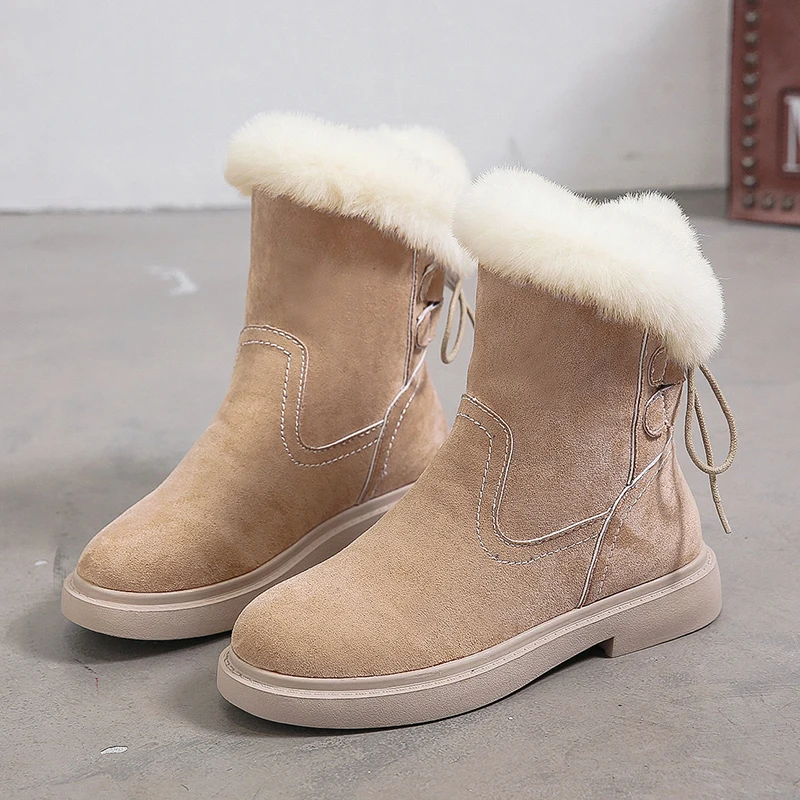 HQFZO Winter Boots For Women Shoes Flat Cross-Tied Plush Bottines Ladies Flock Ankle Boots