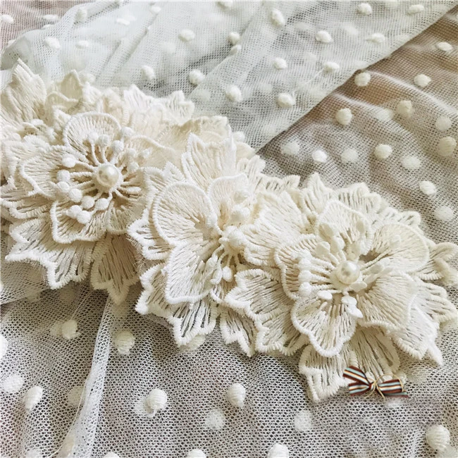 Flower Lace Applique 10pcs Ivory Beige Beaded Organza Embroidery Floral Patches for Dress Sweater Clothes 8cm 3.1