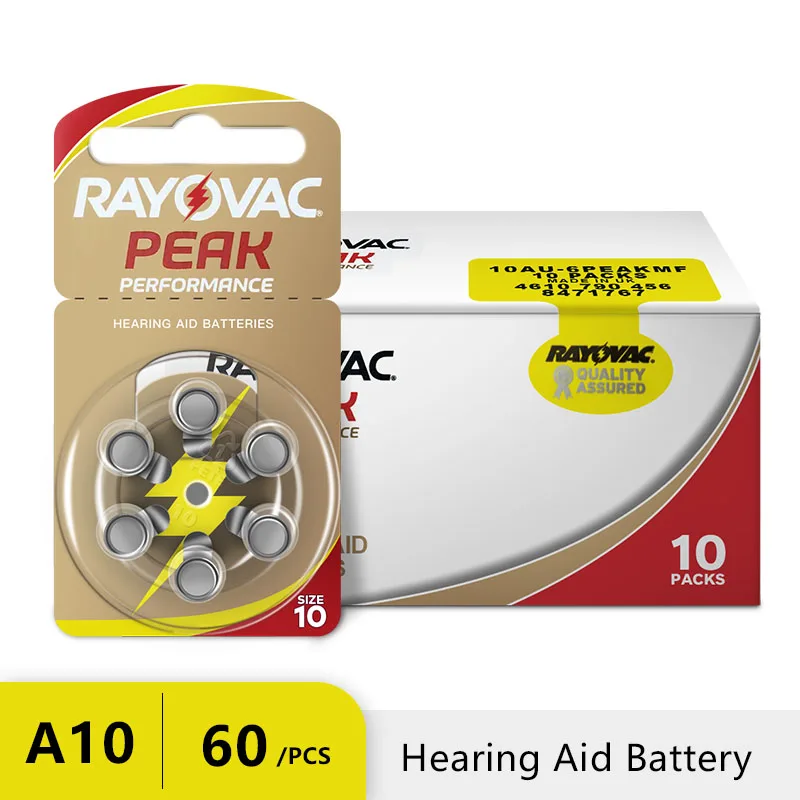 RAYOVAC PEAK 60 x Hearing Aid Batteries A10 10A ZA10 10 S10, 60 PCS Hearing Aid Batteries Zinc Air 10/A10 2