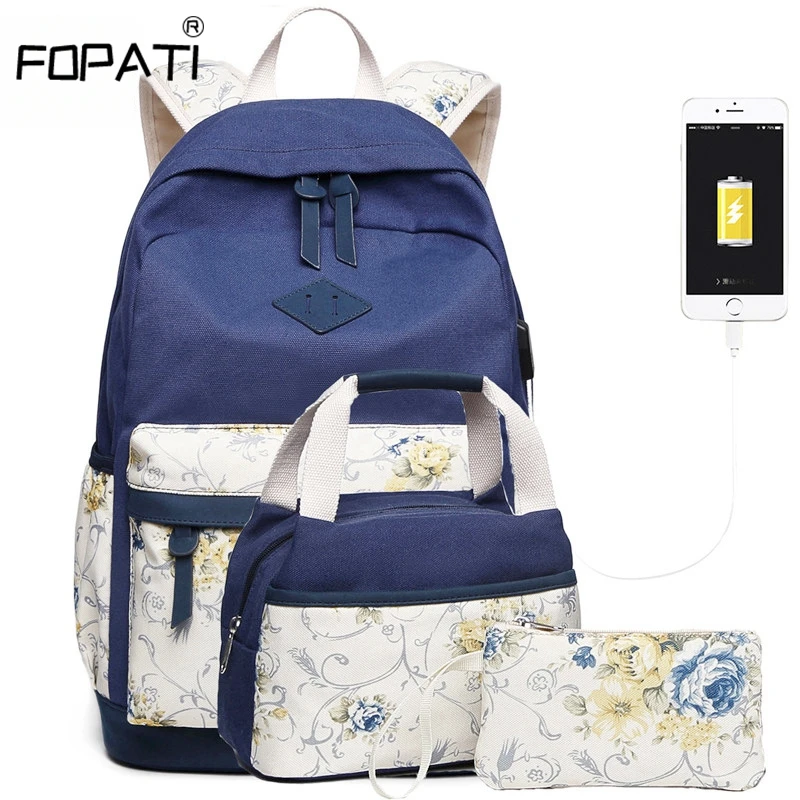 

New Canvas 3 Pcs Print Vintage Backpack Women Backpack Set Schoolbag 16 inch School Backpacks for teenage Girls 3 Bags Set