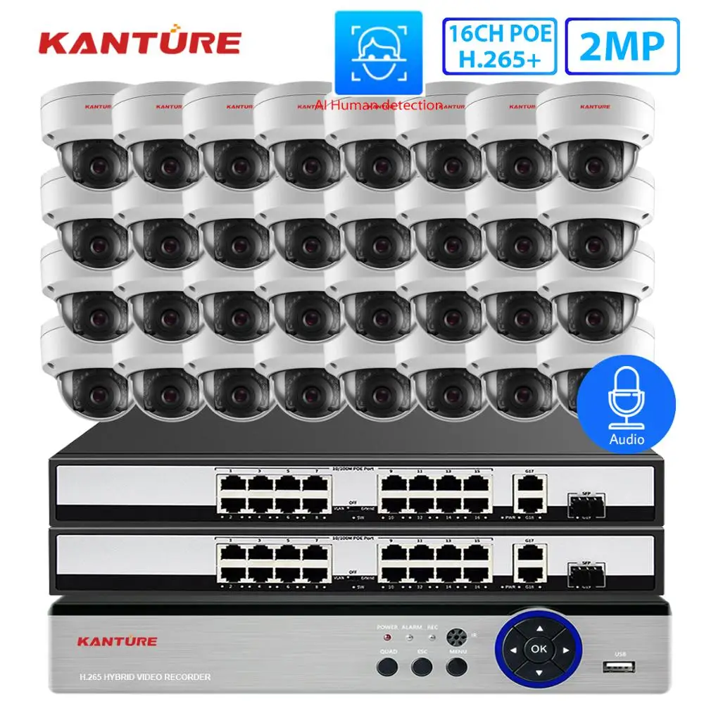 KANTURE H.265 + CCTV 32CH HDMI 4K 5MP NVR система безопасности аудио 2MP лицевая запись IR Vandalproof