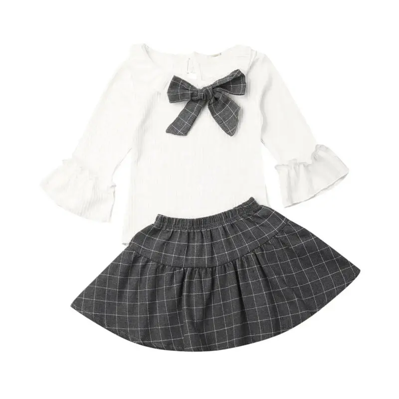 

Fall Baby Girl Flare Long Sleeve Tops Plaid Skirt Summer Cotton Autumn Clothes 2PCS Cute Set