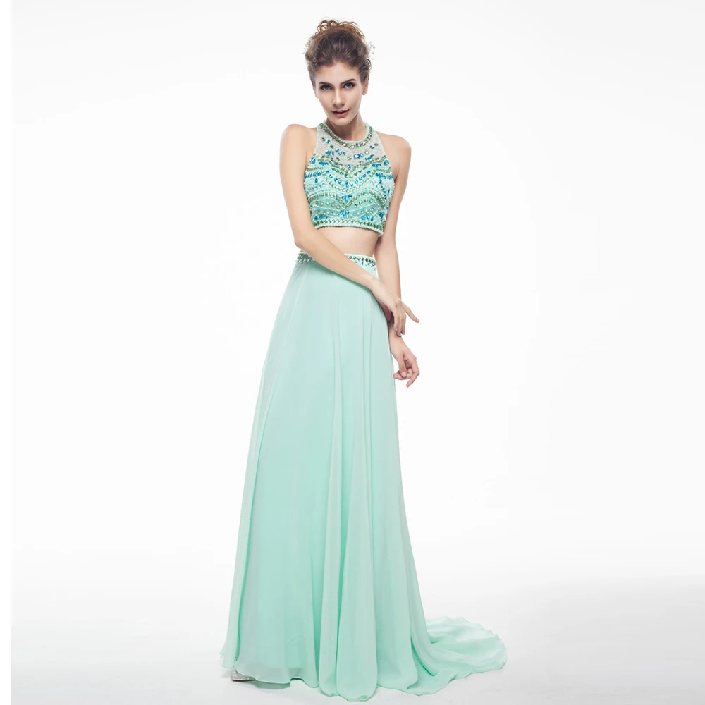 

Amazingly Two Piece Chiffon Long Evening Prom Dresses Sexy Back Design Beads Crystal Two Pieces Women Party Dress