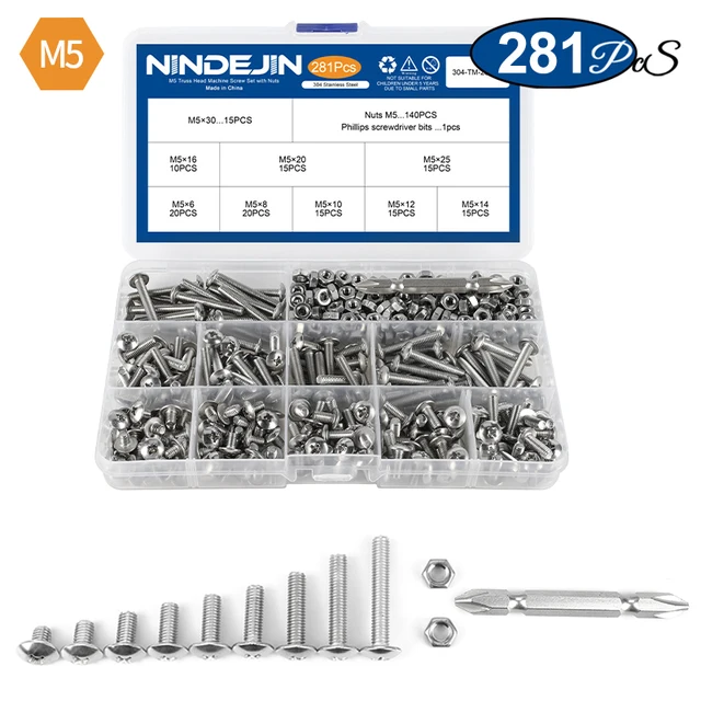 NINDEJIN Truss Round Head Screw Set Stainless Steel M3 M4 M5 Phillips Screw with Nuts Assortment Kit Machine Screw M5  281pcs