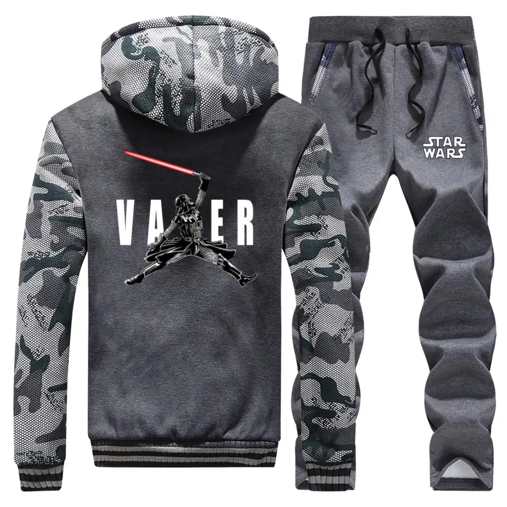 Winter Men Coat Thick Hoody Darth Vader Star Wars Cartoon Hoodies Suit Sportswear Camouflage Warm Jacket+2 Piece Set Pants