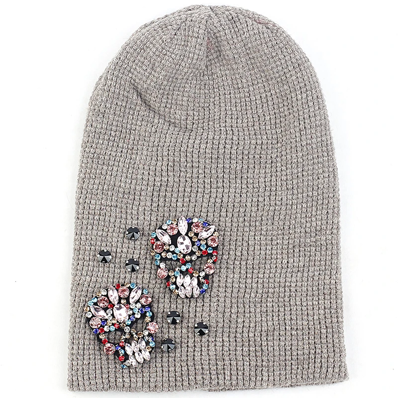 Multicolor khaki Женская мода, кашемировая шапочка с черепом, стразы, аксессуары, Осень-зима, теплая шапка, взрослые шапочки, шапка с черепом - Цвет: Multicolor khaki