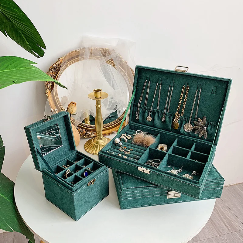 Jewelry Box Organizer with Lock Leather Green Organiser Box for Necklace Packaging Wholesale Bangles Drawer Lot Large Luxery