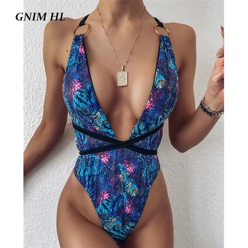 

GNIM Bandage Bikini Mujer 2020 Sexy Deep V Neck Swimwear Women One Piece Snake Print Brazilian Swimsuit Women Backless Biquini