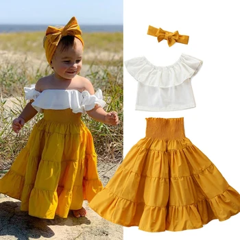 

2-6Y Summer Outfit Toddler Kid Baby Girl Off Shoulder Crop Top Ruffle Tutu A-Line Skirts Headband Outfit Set Clothes 3 Pcs