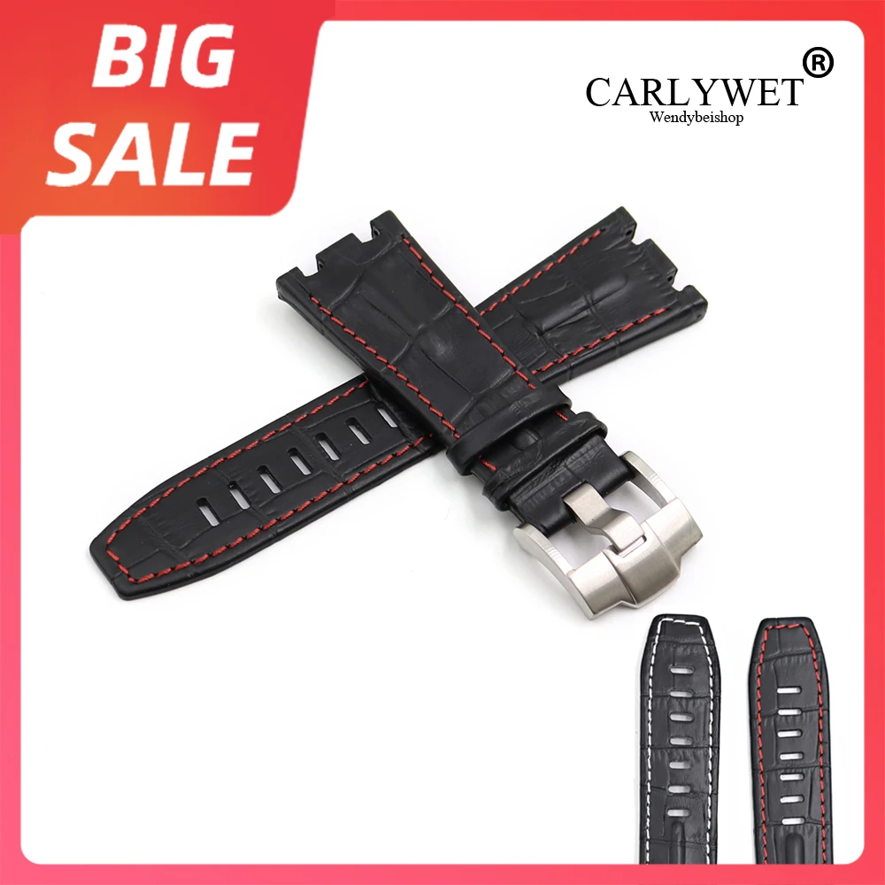 

CARLYWET 28mm Luxury Real Leather Thick Wrist Watch Band Strap With Silver Buckle For Audemars Piguet 42mm Royal Oak Offshore