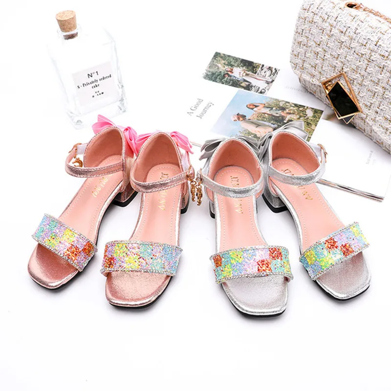 Summer sweet rhinestone bow student sandals girls wedding banquet sandals 2020 new thick heel sequin kids princess party shoes