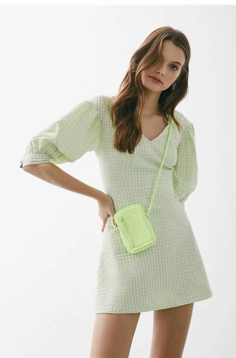 

Western Style 2019 Summer WOMEN'S Dress New Style Versitile Fashion Sexy Backless Green Plaid V-neck Puff Sleeve Dress