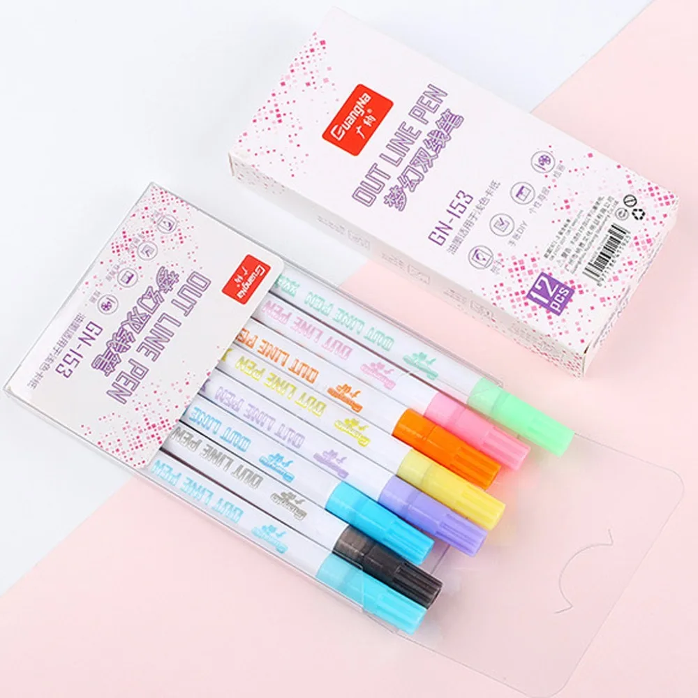 Colored Ink Pen Coloured Markers Textas Gift Card Writing and Drawing Double Line Outline Pen 8 Color for Child Painting diy #4  (10)