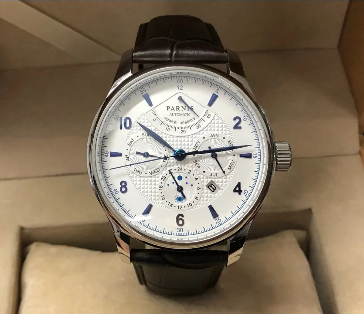 42 мм PARNIS 26 jewels японские 9100 автоматические механические часы с белым циферблатом сапфировое стекло Мужские часы 338aa