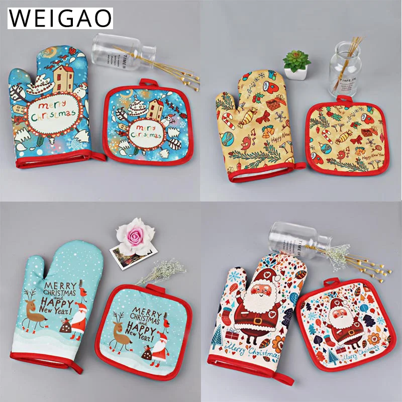 

2Pcs/set hot Oven Mitts Baking Anti-Hot Gloves Pad Oven Microwave Insulation Mat Christmas Decorations for home baking Xmas 2019