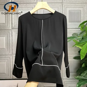 

4.29 2020 Summer New Solid Elegant Long sleeve O-neck Contrast color Patchwork Silk Blouse