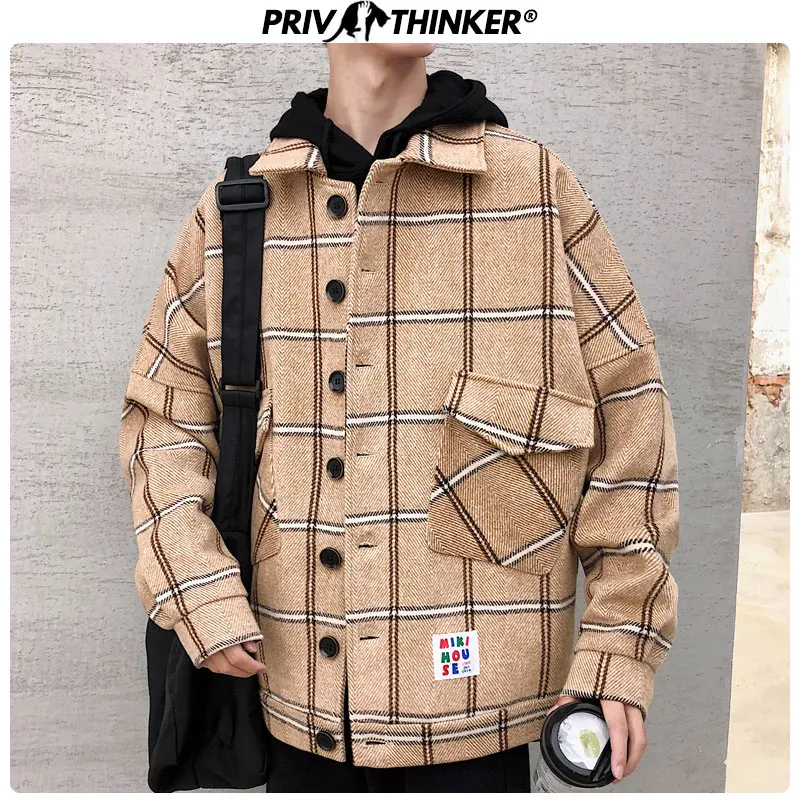 Ceny Privathinker męskie nowy nadruk w szkocką kratę wełniane kurtki męskie 2019 kieszenie kurtka koreańska płaszcze męskie dorywczo grube ciepłe ubrania jesienno zimowa