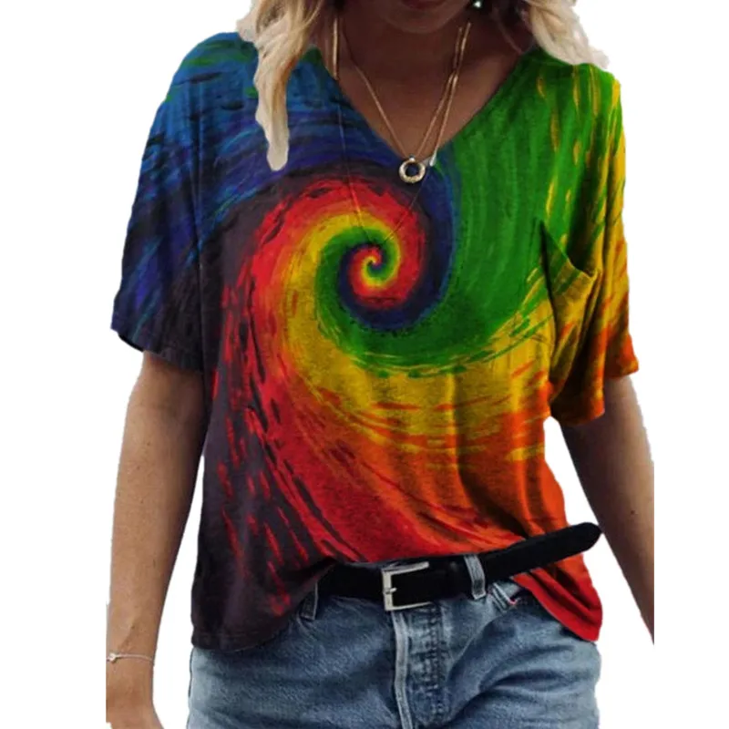3d Swirl Rainbow Print Women Tops Tee 2022 Summer Casual Loose T Shirts Ladies Clothes Fashion Pullovers Female Streetwear | Женская
