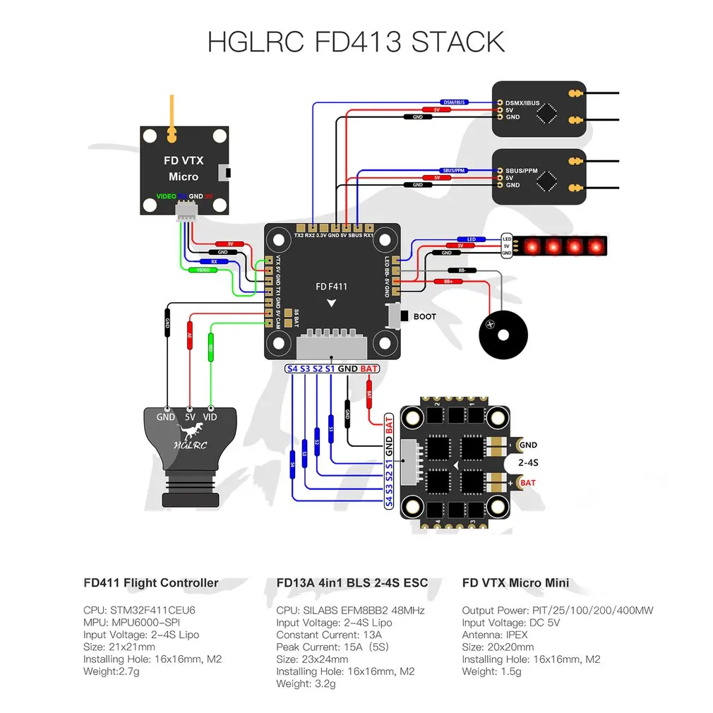 HGLRC FD413 стек Fly Tower 16x16 2-4S Контроллер полета 13A BLS 4 в 1 ESC для RC Дрон FPV гоночные Запчасти Аксессуары