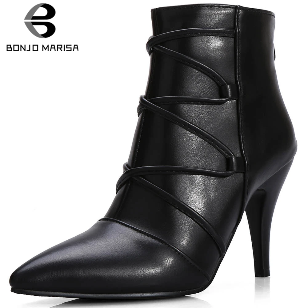 

BONJOMARISA Plus Size 32-44 Elegant Pointed Toe Booties Ladies Mature Black Ankle Boots Women 2019 Winter High Heel Shoes Woman