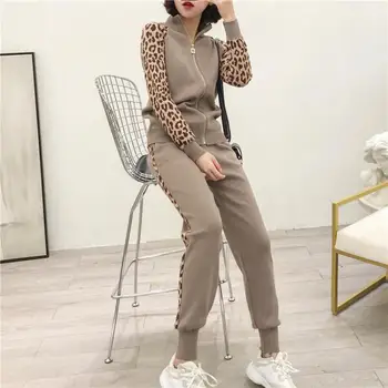 

Women Tracksuits New 2019 Spring Knitted Two Piece Sets Slim Zipper Cardigans Jacket + Long Pants Suits Woman Leopard Sportsuits