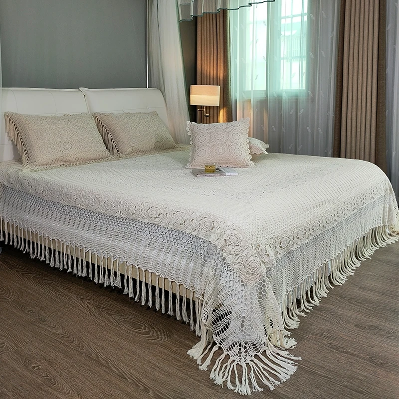 Ensemble De Literie 100 Coton Au Crochet Fait A La Main Couvre Lit King Blanc Drap Et Taie D Oreiller Beige 3 Pieces Aliexpress