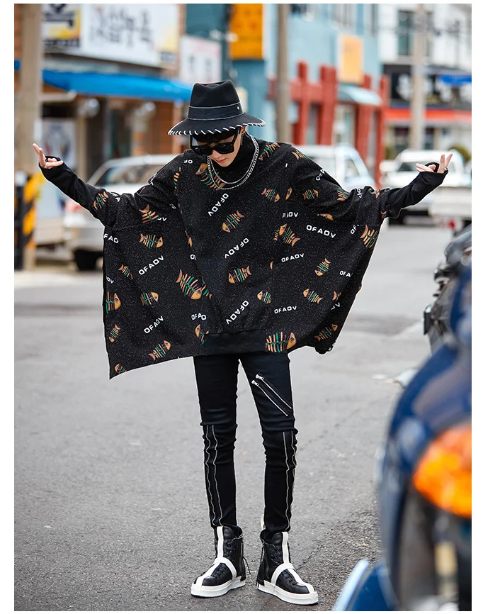 Spring and autumn loose high collar cape windbreaker men's trend printing casual jacket chic original bat sleeve cloak