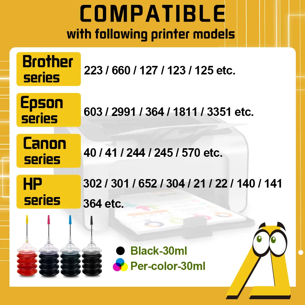 Universal 1-6 Pack 30ml Bottle Dye Ink Refill Ink kit Replacement For HP For Canon For Brother For Epson Printer