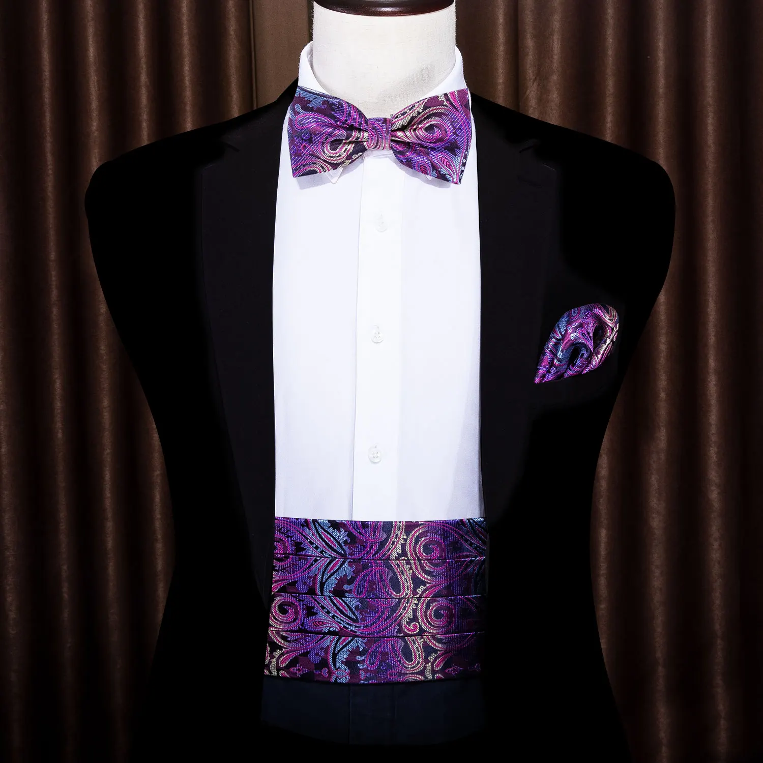 Purple Paisley For Men Bow Tie Silk Floral Bowtie Cummerbund Set Pocket Square Cufflink Formal For Tuxedo Suit Barry.WangYY-1003