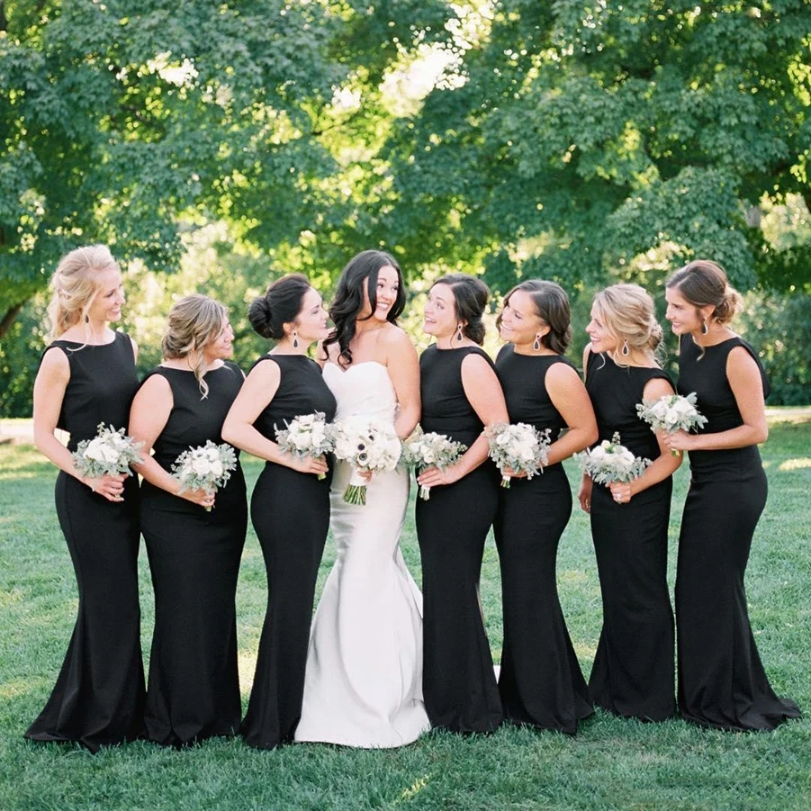 Bridesmaid Dresses 2021 Satin Sheath Bridesmaid Dress Crew Neck Ruched Backless Sweep Train Wedding Guest Bridesmaid Dresses
