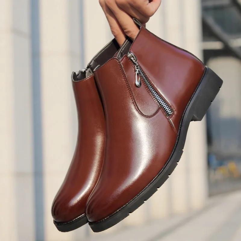 

Fashion Pointed Business Men's Boot Chelsea Boots MEN'S Leather Boots plus Velvet Warm Side Zipper Men Padded