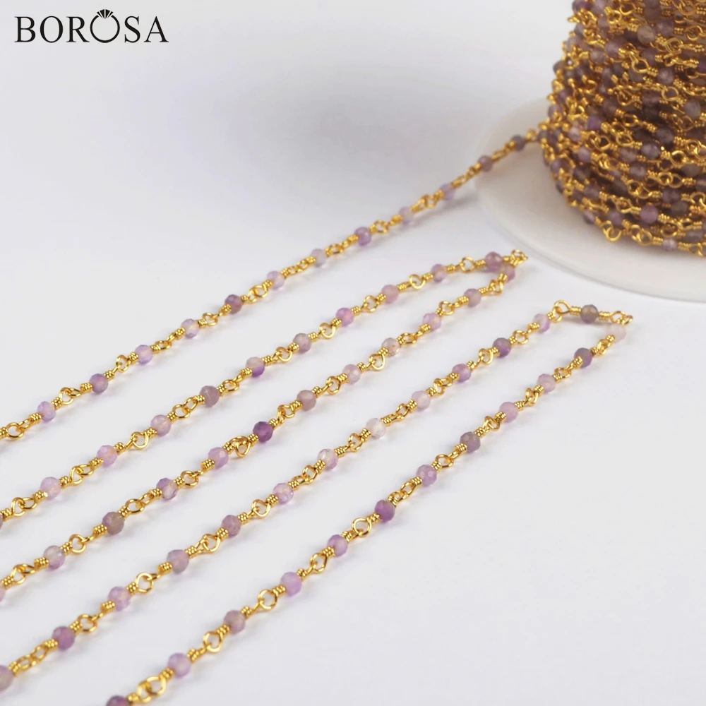 

BOROSA 3Meters 2mm Natural Amethysts Beads Faceted Chains Crystal Quartz Bead Brass Chains Jewelry JT243