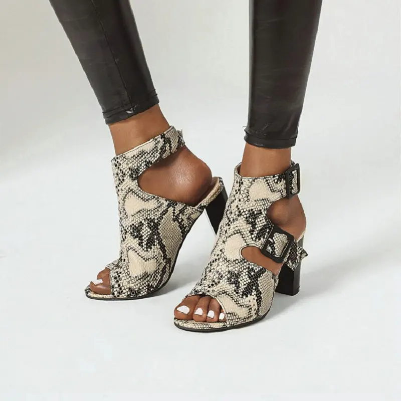 Sianie Tianie 2020 summer sexy snake python skin print peep toe boots sandals shoes 8cm block high heels cut out women's | Обувь