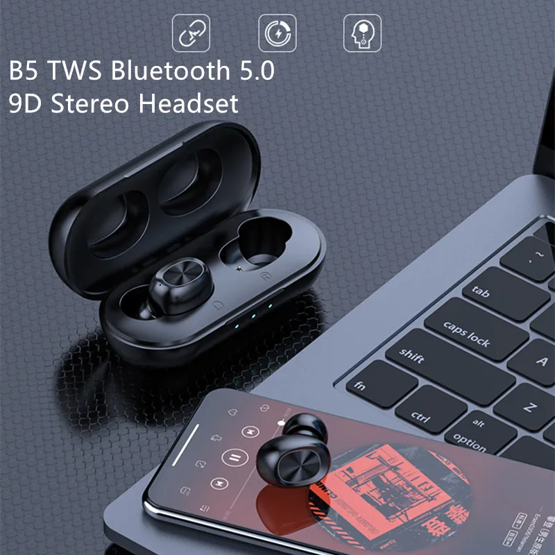 

Hot Sale B5 TWS Bluetooth Wireless Earphone 5.0 Touch Control Earbuds Waterproof 9D Stereo Music Headset with 300mAh Power Bank