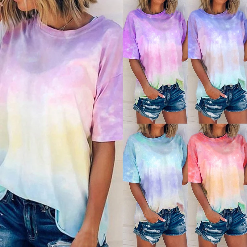 New 2020 Summer Sexy Tie Dye Print Short Sleeve T Shirt O-neck Gradient Color Tee Shirt Women Streetwear