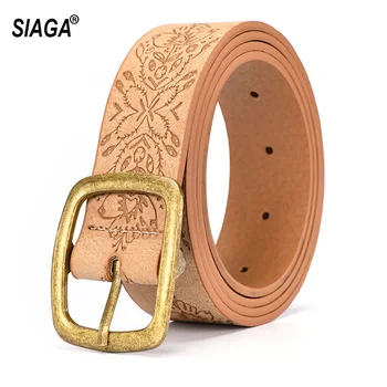 

New Brand Name Women's PU Leather Female Pin Buckles Metal Belts Floral Pattern Design 3.4cm Width FCO141