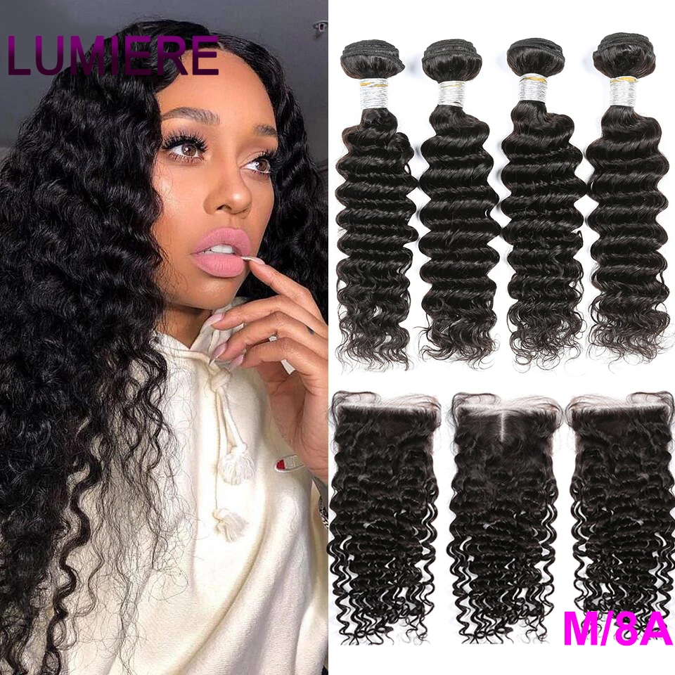 Lumiere Hair Brazilian Human Hair Bundles With Closure Deep Wave 4