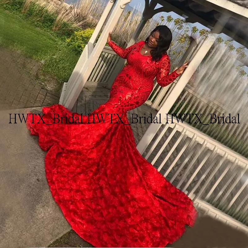 

Luxury Red 3D Flowers Long Prom Dresses Customize Plus Size Sexy Mermaid Long Sleeves African Sequin Black Girl Gala Prom Dress