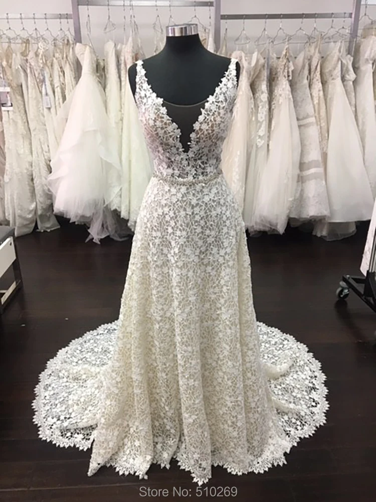 

Real Made A Line Straps Lace Wedding Dress Bridal Gowns Low Back Vestido De Noiva Custom Made Robe De Mariage