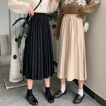 Harajuku плиссированная юбка миди Женская Осенняя Милая однотонная эластичная повседневная юбка до середины икры с высокой талией винтажная шикарная женская повседневная юбка