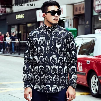 

super Brand Big size Men's Wear Plus Fat Plus Long Sleeve Shirt Portrait Printing Leisure Fat Fat Man Shirt Autumn