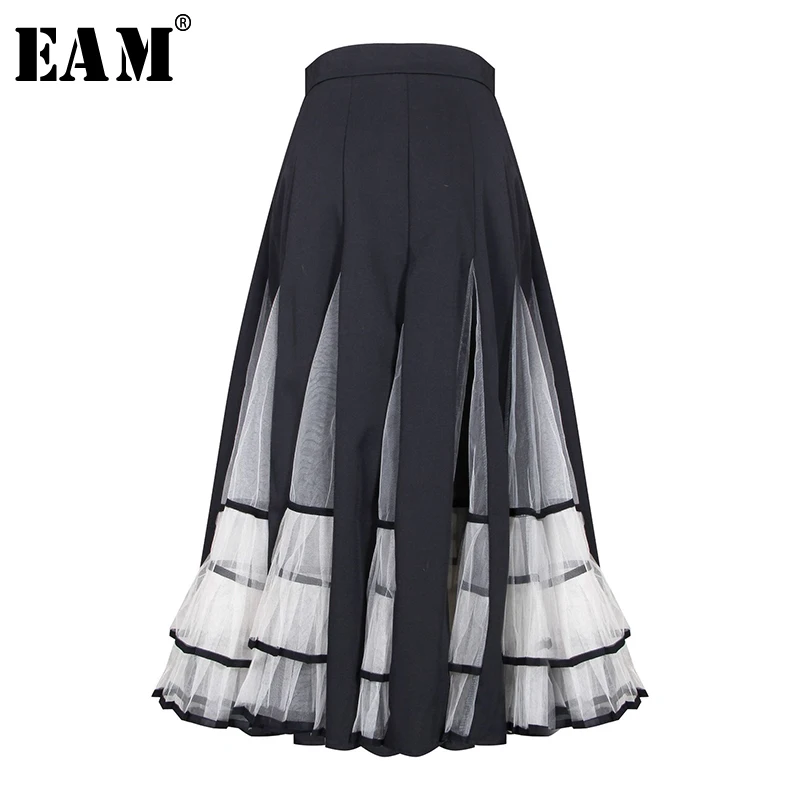 

[EAM] High Elastic Waist Mesh Spliced Contrast Color Pleated Half-body Skirt Women Fashion Tide New Spring Autumn 2019 1A877
