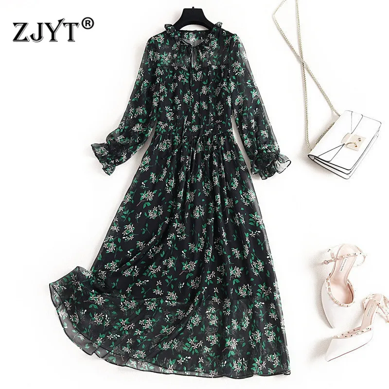 

New Arrival Spring Dress 2020 Women's Fashion Designers Floral Print Casual Mid Calf Aline Boho Chiffon Dresses Vestidos