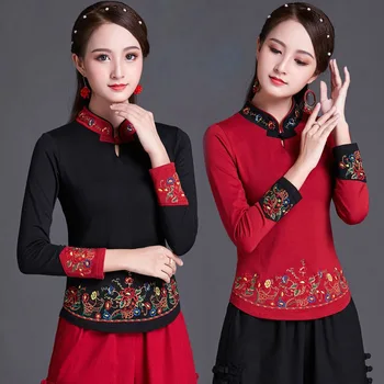 

women National long sleeve Embroidered bottoming shirt stand collar autumn winter Chinese style plate buckle top embroidered T-s