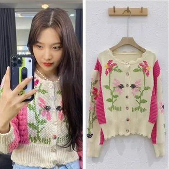 

Vintage Women Sweet Knitting Cardigans Long Sleeve Autumn Sweaters Woman Crochet Flower Sweaters Tops