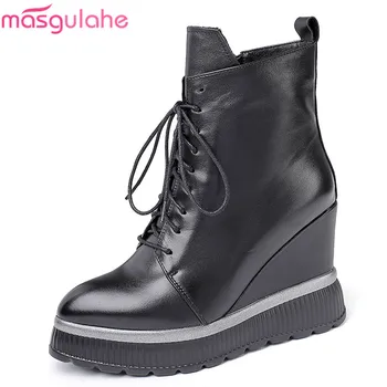

Masgulahe 2020 Big size 34-42 winter ankle boots comfortable wedges round toe platform shoes genuine leather women boots