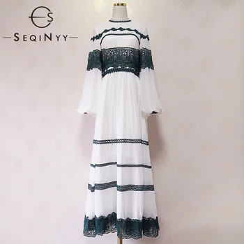 

SEQINYY Party Elegant Dress 2020 Spring Autumn New Fashion Design Women Green Lace Flower White Chiffon Long Dress High Quality