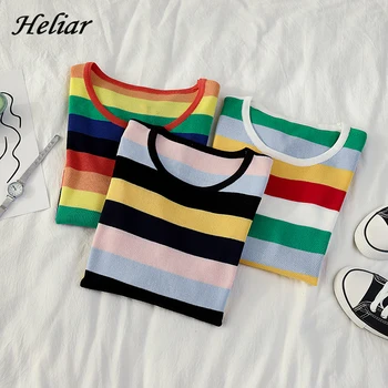 

Heliar O neck Knitted Rainbow Stripe Pullovers 2019 Fall Female Long Sleeve Loose Tops For Women Fall Fashion Street Sweaters